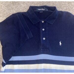 POLO Ralph Lauren Golf Men Cotton Short Sleeve Blue Striped Pony Shirt Large‎